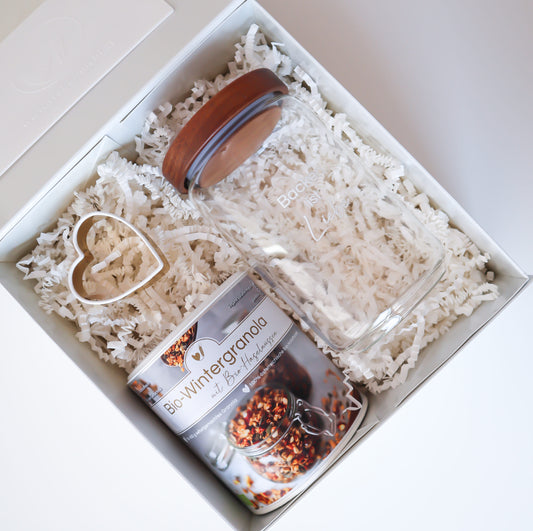 Organic winter granola box with storage jar