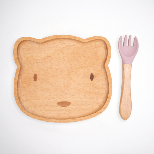 Children's board bear with fork pink