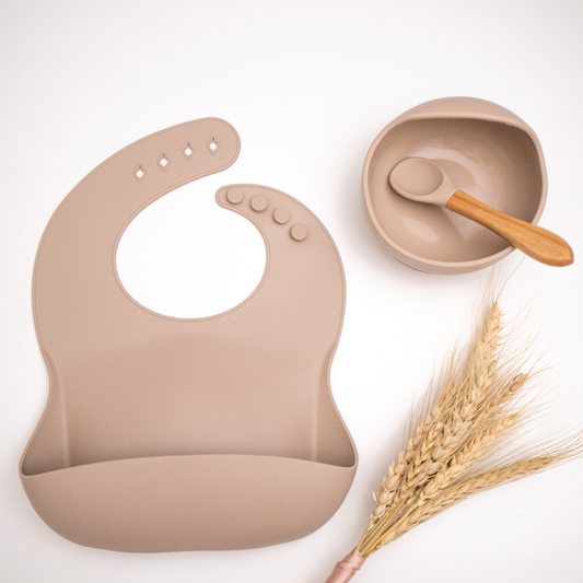 Crockery set bib with bowl and spoon beige